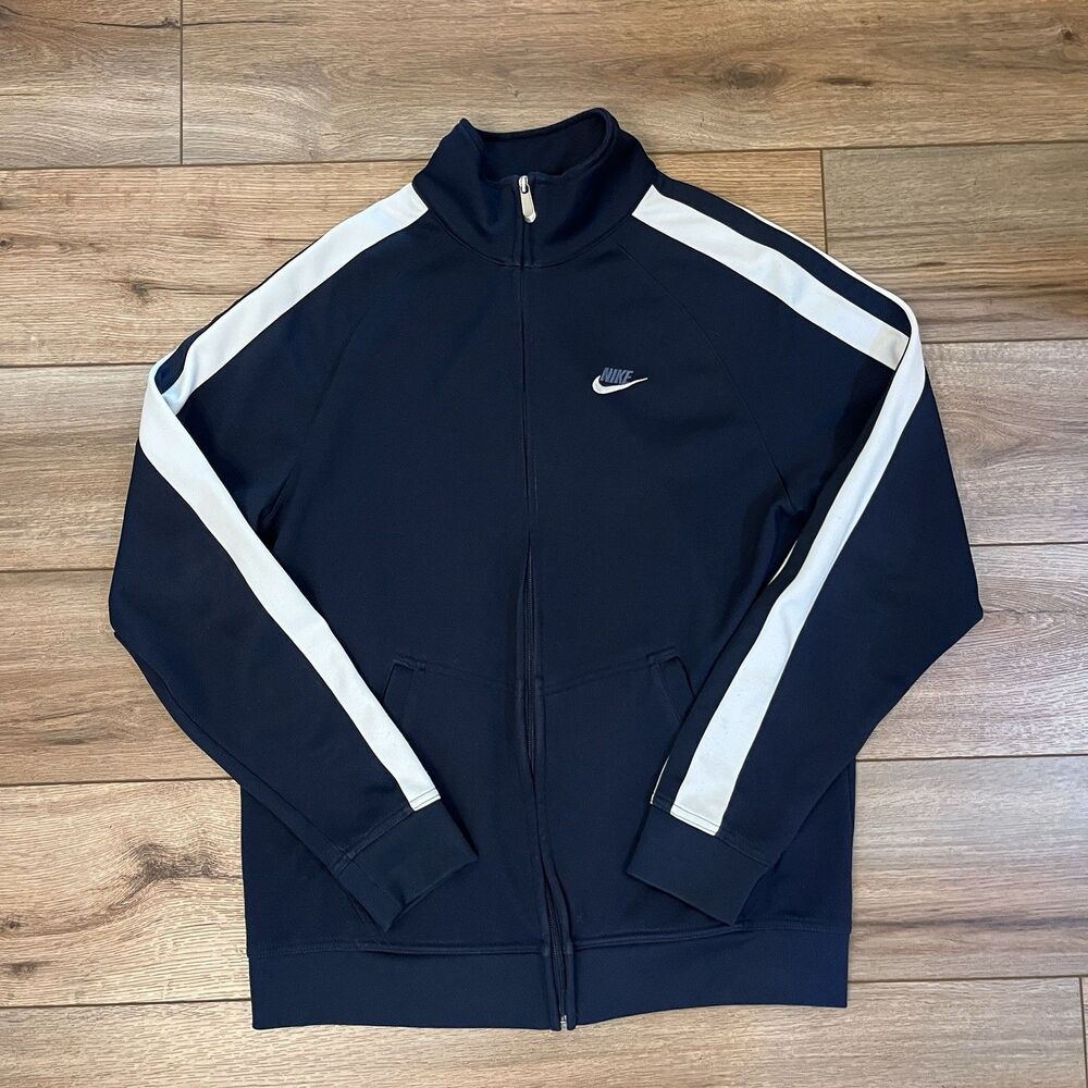 Y2K Vintage Nike Full Zip Up Track Jacket Sweatshirt Silver Tag Navy Blue Sz L